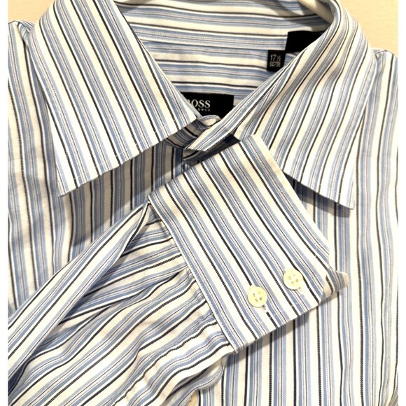 Hugo Boss Other - HUGO BOSS Dress Shirt Men’s 17.5 34/35 XL Blue Black Striped Quiet Luxury Modern